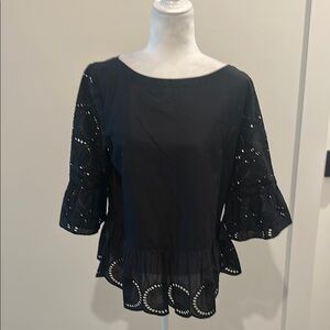 NWT Loft Black Eyelet Lace Embroidered Top Sz M